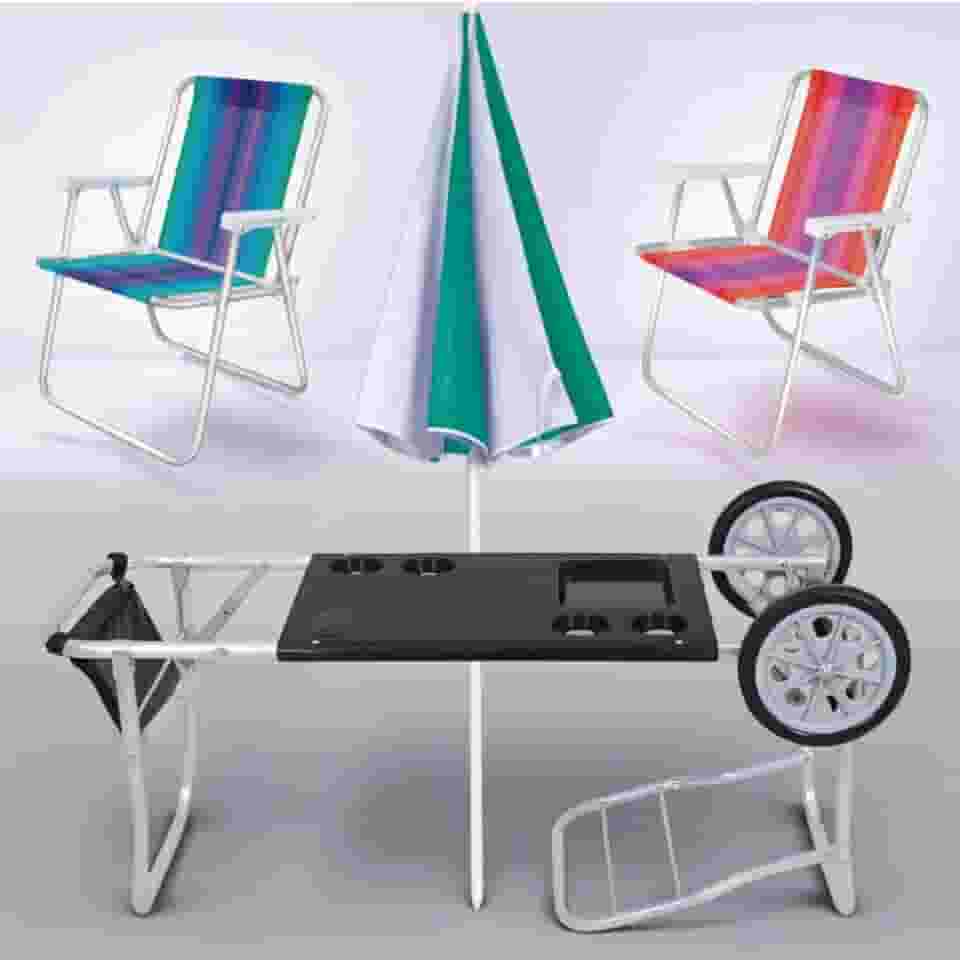 Kit 2 Cadeiras de Praia Alta De Aluminio + Carrinho De Praia com Avanço Dobravel Leve + Guarda Sol Articulado - Conjunto Completo Para Lazer E Diversão Em seu Passeio