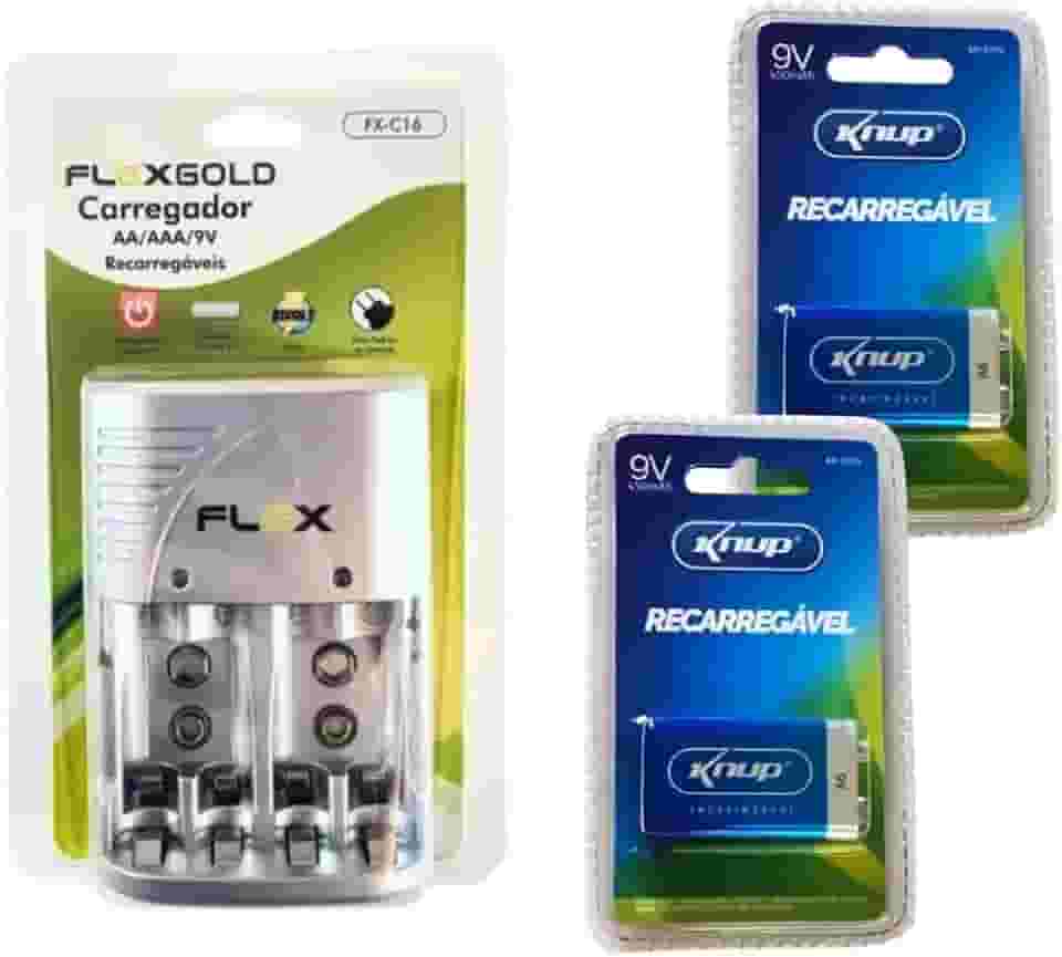 Kit 2 Bateria Recarregável 9v Knup + Carregador Bateria Pilha Aa/aaa/9v