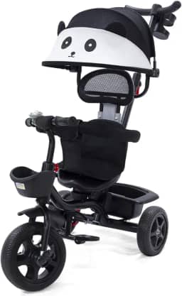 Triciclo Carrinho de Passeio 2 em 1 Infantil Assento Giratório 360° com Capota Solar Porta Objetos Cinto de Segurança até 50kg Haste Empurrador Cestos (PRETO)