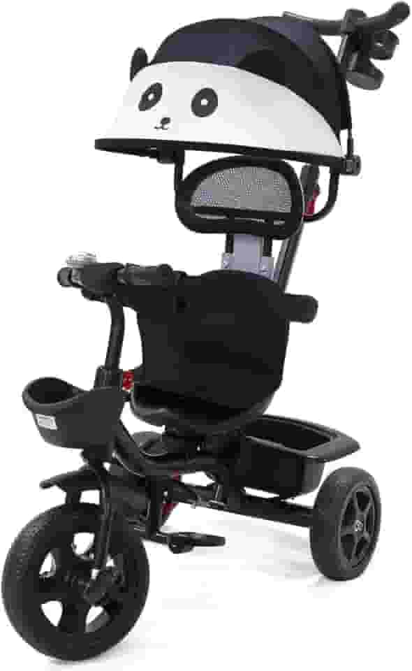 Triciclo Carrinho de Passeio 2 em 1 Infantil Assento Giratório 360° com Capota Solar Porta Objetos Cinto de Segurança até 50kg Haste Empurrador Cestos (PRETO)