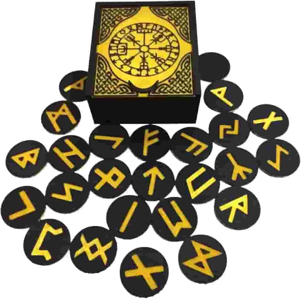 Caixa de Runas Nordicas Preta, 25 Peças com Símbolos Dourados, Conjunto de Runas Místicas Viking para Adivinhação