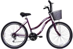 Bicicleta Feminina 26 Beach Violeta de 18 Velocidades com Aros duplos, Pneus Slik e Cesta- Dalannio Bike