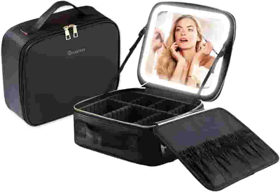 Morina Bolsa de Maquiagem com Espelho e luz LED de 3 cores, Organizador de Maquillaje, Dimmable Contínuo, Carregamento USB (Preto)