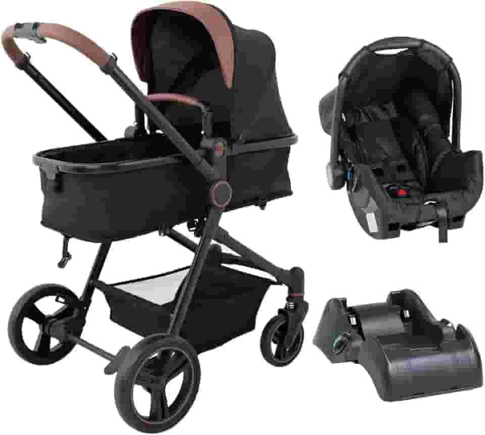 Carrinho de Bebê Ivy TRIO Berço Passeio Moisés com Bebê Conforto e Base Carro Travel System 0 a 15 Kg Preto Caramelo