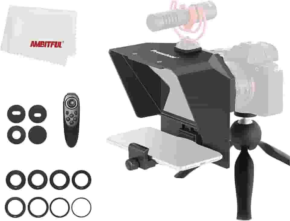 PRONSTOOR Kit de teleprompter portátil para celular e teleprompter de vídeo com controle remoto para gravação de telefone e DSLR (mini teleprompter + mini tripé)
