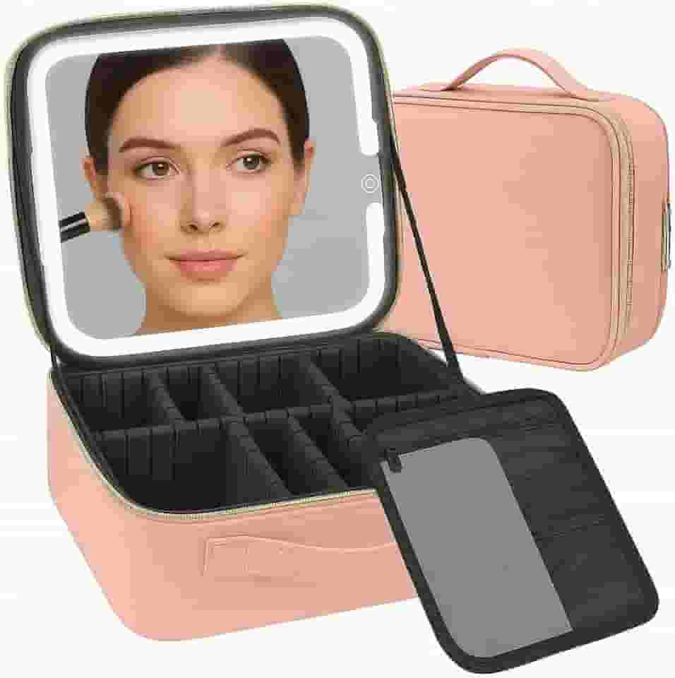 Bolsa de Couro Premium para Maquiagem Profissional com Espelho de Luz LED Recarregável – Maleta Organizadora Makeup Case Portátil com Luz Branca, Neutra e Quente, Estojo de Cosméticos. (Rosa)