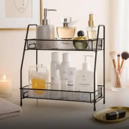 Organizador de Cosméticos em Metal com 2 Andares, Prateleira para Banheiro, Design Vazado, Preto e Branco (Preto)