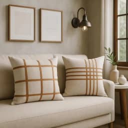 Capas de Almofada Decorativas em Linho, Design Grid Geométrico com Detalhes em Couro Caramelo, 45x45cm, Kit 2 Peças