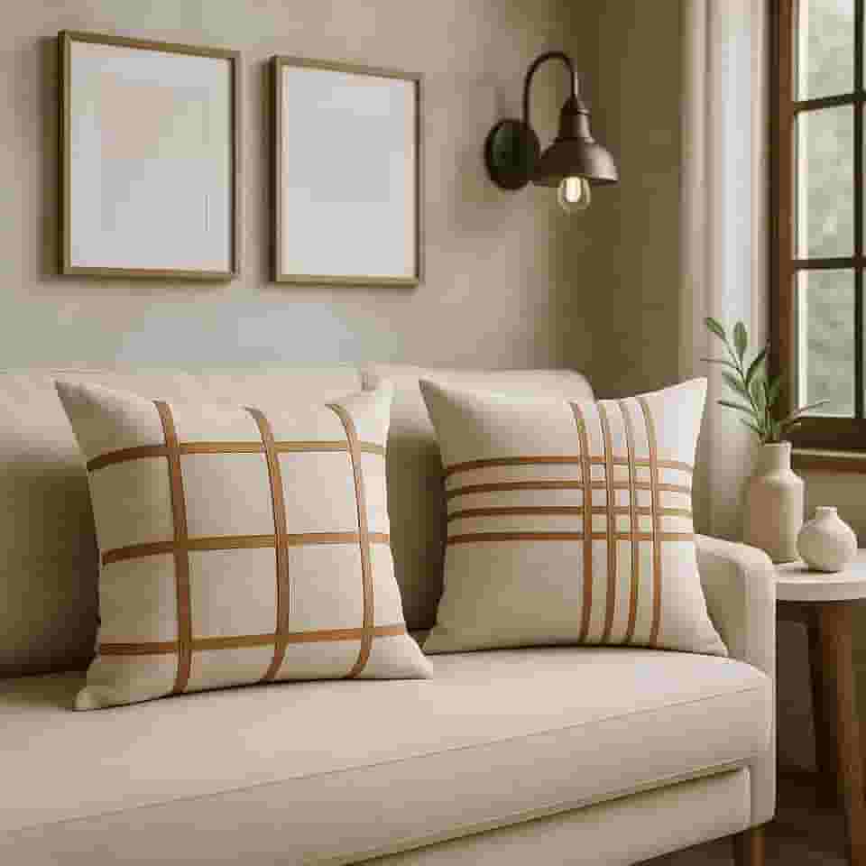 Capas de Almofada Decorativas em Linho, Design Grid Geométrico com Detalhes em Couro Caramelo, 45x45cm, Kit 2 Peças