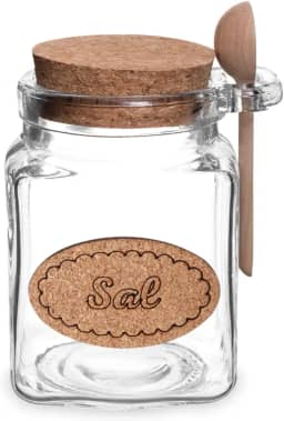 Saleiro de Vidro Grosso com Colher Madeira e Tampa Rolha Cortiça Capacidade 300 Gramas