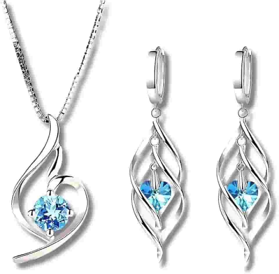Conjunto Feminino 'Esterlina Blue' com Colar e Brincos Banhados em Prata 925 – Semijoia com Pingentes de Zircônia Azul em Formato de Coração – Elegância e Sofisticação para o Dia a Dia