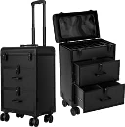 Estojo grande com rodinhas para maquiagem, estojo profissional de cosmetologia de viagem sobre rodas com gavetas, organizador de unhas de 3 camadas, estojo de armazenamento para tecnologia de