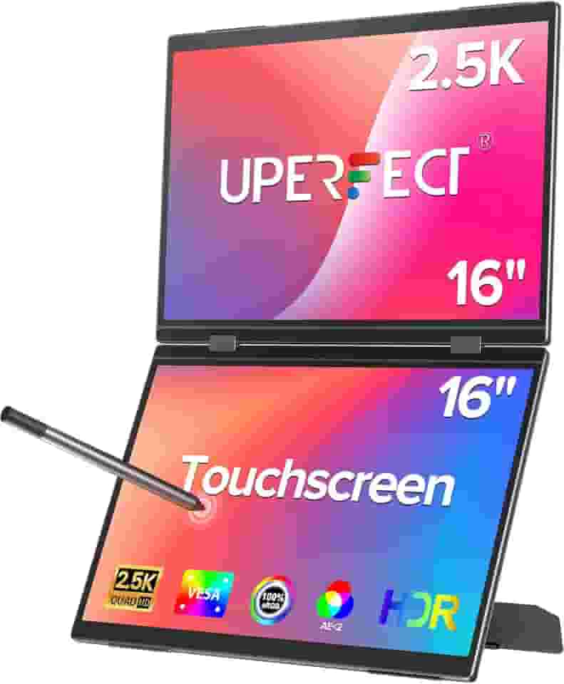 UPERFECT Monitor portátil Delta Pro Touch, extensor de tela de laptop 2K de 16 polegadas, monitor duplo sensível ao toque com caneta, tela dupla vertical dobrável empilhada com suporte