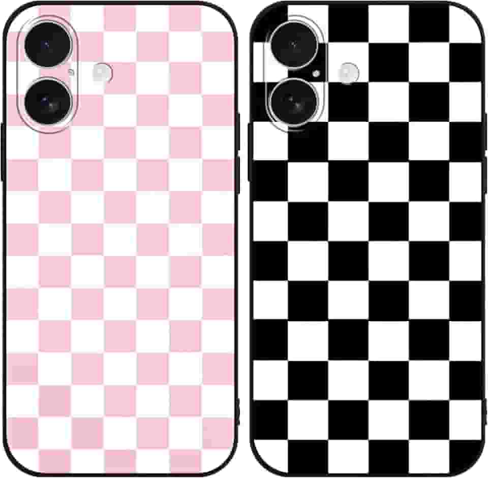 Pacote com 2 capas de telefone xadrez fofas para IP 17 de 6,3 polegadas, capa protetora de silicone macia e fina à prova de choque para meninas e mulheres, preto/rosa