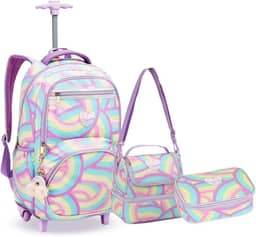 Kit Mochila Rodinha Juvenil Pompom Arco Iris Escola Meninas