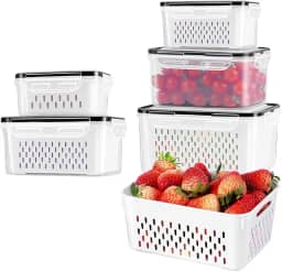 Recipientes Organizadores de Geladeira com Escorredor Removível – Potes Herméticos para Frutas, Legumes e Carnes – Livre de BPA, Empilháveis, Laváveis na Lava-Louças (Kit 5)