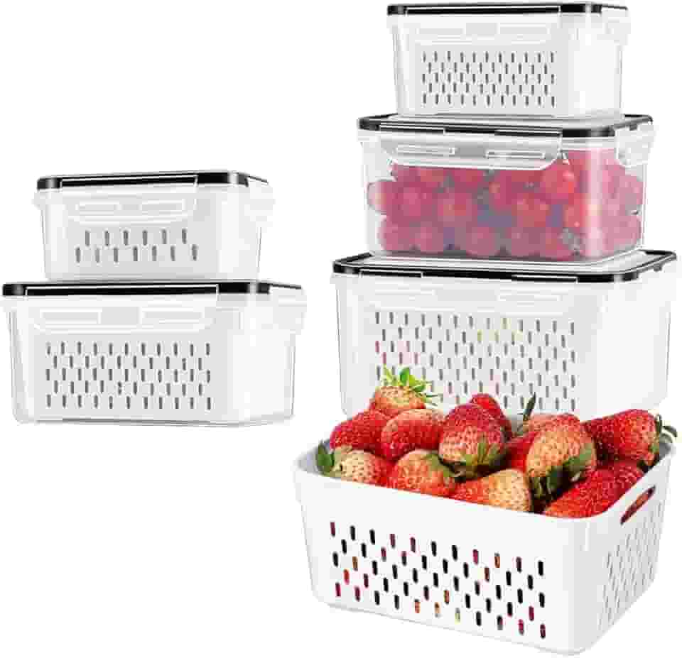 Recipientes Organizadores de Geladeira com Escorredor Removível – Potes Herméticos para Frutas, Legumes e Carnes – Livre de BPA, Empilháveis, Laváveis na Lava-Louças (Kit 5)