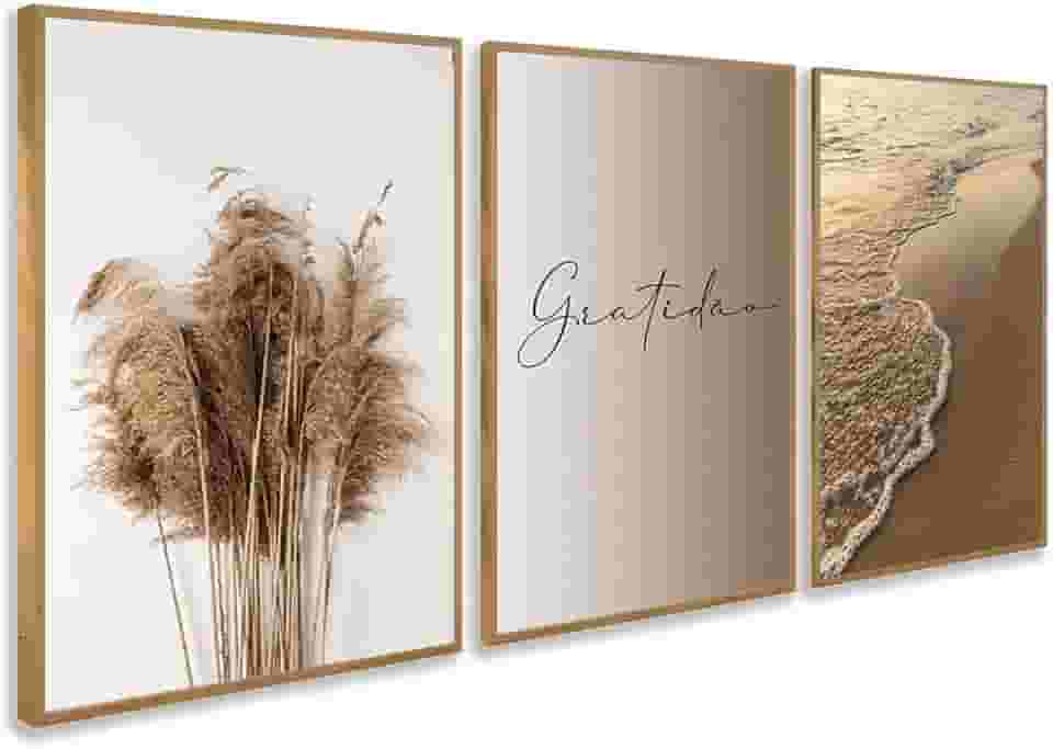 Kit 3 Quadros Gratidão Praia Palha Marrom (Carvalho, 60x40cm)