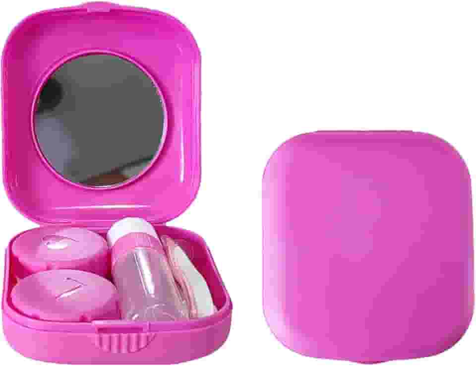 Estojo para lentes de contato, 2 unidades de kit de lentes de contato portátil com espelho, kit compacto de armazenamento de molho para viagem (rosa vermelha)