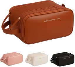 Necessaire Bolsa Organizadora de Maquiagem Couro Sintético Grande Capacidade com Duas Camadas, Alça Lateral, Divisórias Internas e Suporte para Pincéis – Ideal para Viagem (Marrom)