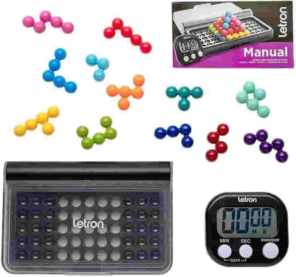 Quebra Cabeça 3D Desafios de Lógica Letron, 120 Desafios, 2D e 3D, Caixa com 1 Estojo + 12 Peças + 1 Cronômetro Digital, Jogo de Raciocínio Peças Coloridas