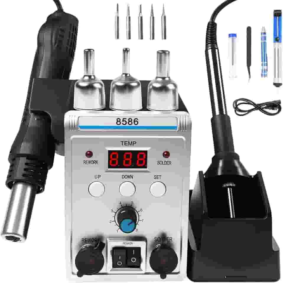 Estação de Solda 2 Em 1 Completa Ar Quente, Kit de Estação de Retrabalho de Ar Quente 2 em 1, Estação de Ar Quente E Ferro de Solda com 3 Bicos para Reparo(110v-127v)