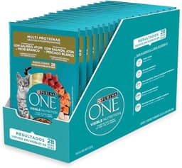 PURINA® ONE® Multi Proteínas Gatos Adultos e Filhotes com Salmão, Atum e Peixe Branco 85g - Display 15 Unidades