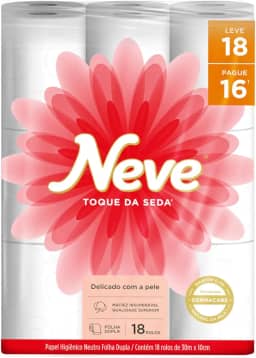 Neve Papel Higiênico Toque de Seda Folha Dupla, 30m, Leve 18 Pague 16 Rolos