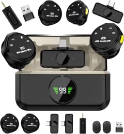 QBuen microfone de lapela sem fio de nível profissional, Microfone sem fio lapela(2TX+3RX), Três níveis de redução de ruído, Amplamente compatível com dispositivos de interface Tipo C e Lightning