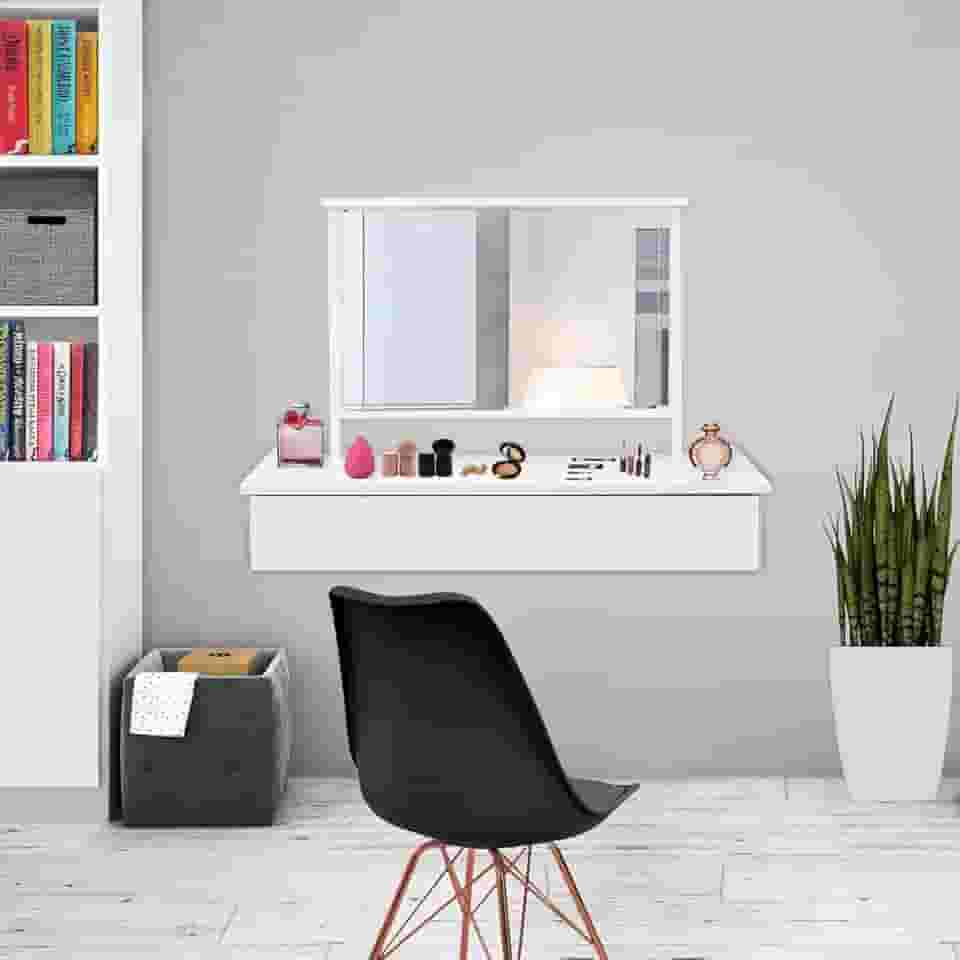 Penteadeira Camarim Suspensa Com Espelho 1 Gaveta Quarto Cor:Branco