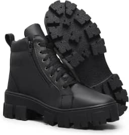 Bota Coturno Feminina Zíper Preta Salto Bloco Plataforma Tratorada Estilosa Confortável