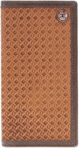 Carteira masculina de rodeio – Carteira de couro genuíno longa dobrável ocidental – Suporte fino para talão de cheques para fãs de cowboys e rodeio, Trama de cesta – castanho/marrom