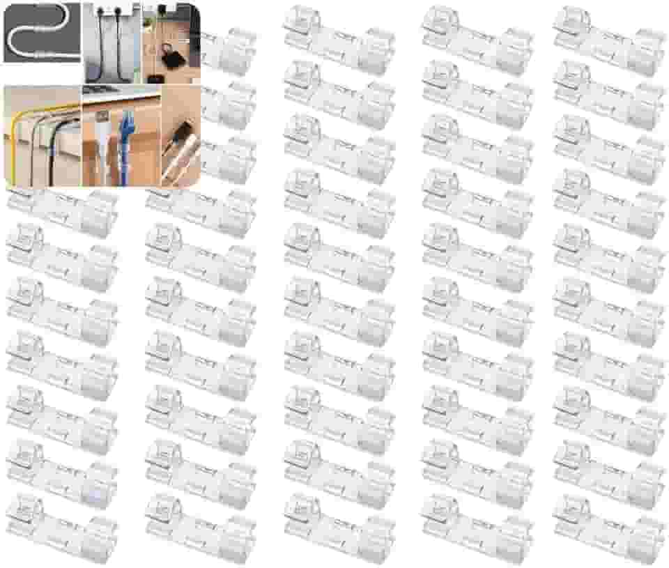 Kit 40 Organizadores de Fios Transparentes – Clipes de Cabo com Adesivo Forte, Suporte de Arame Autoadesivo para Carro, Casa e Escritório – Fixação Resistente para Cabos