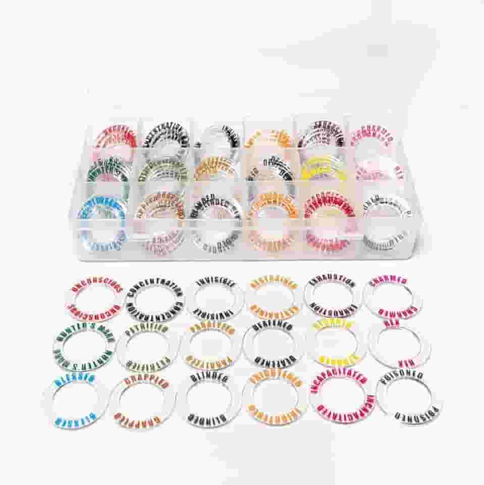 Marcadores de estado DND em 18 condições e cores. Ótima ferramenta para jogos de mesa RPG para Dungeons & Dragons, Pathfinder e RPG.