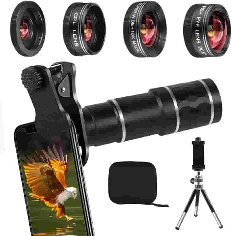 Kit de lente de câmera para celular, iPhone, Android, lente zoom teleobjetiva 20x, lente grande angular e macro, olho de peixe, lentes CPL compatíveis com iPhone 12 11 X Xs XR 8 7 6 Plus Samsung e outros smartphones