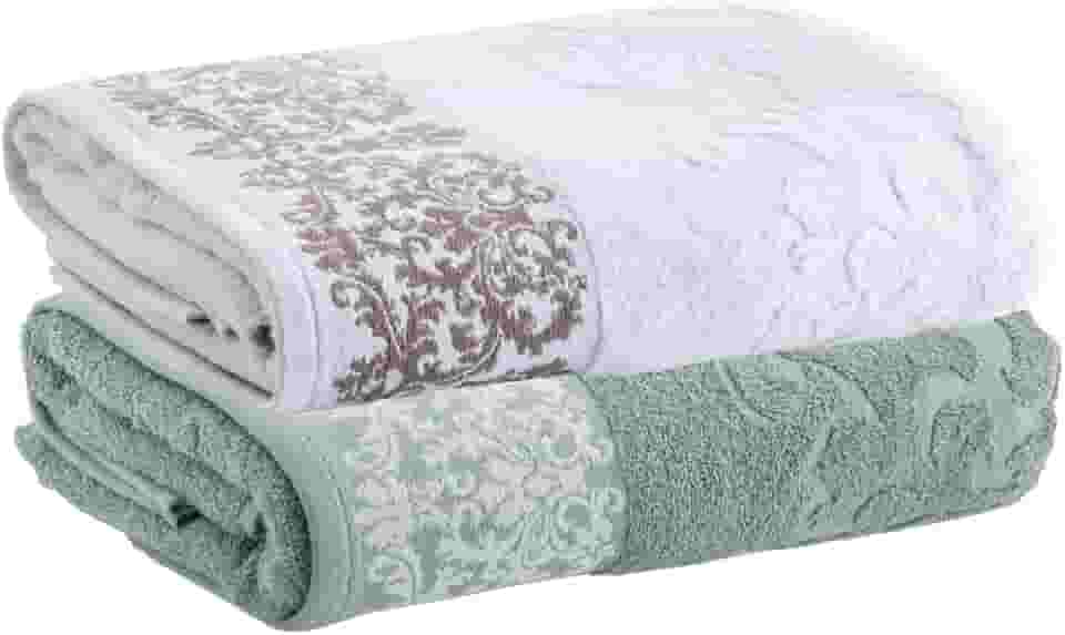 Kit Jogo Toalhas Banho, 2 Pe�as, Medalh�o, Corttex, Algod�o, Jacquard, Alta Absor��o, 450g/m� - Altihaus (Branco/Verde)