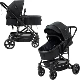 Carrinho de Bebê Passeio Reversível Moisés 2 em 1 Baby Style Wonder 15Kg Dobrável Compacto Confortável Assento Ajustável Capota Cesto 4 Rodas Preto