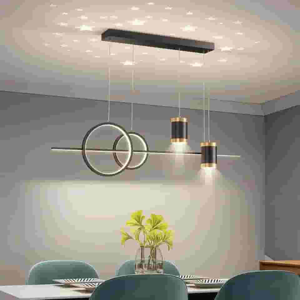 Lustre de Mesa de Jantar LED – Luz Pendente Linear Regulável com Projeção de Estrela, 85V-220V(Preto)