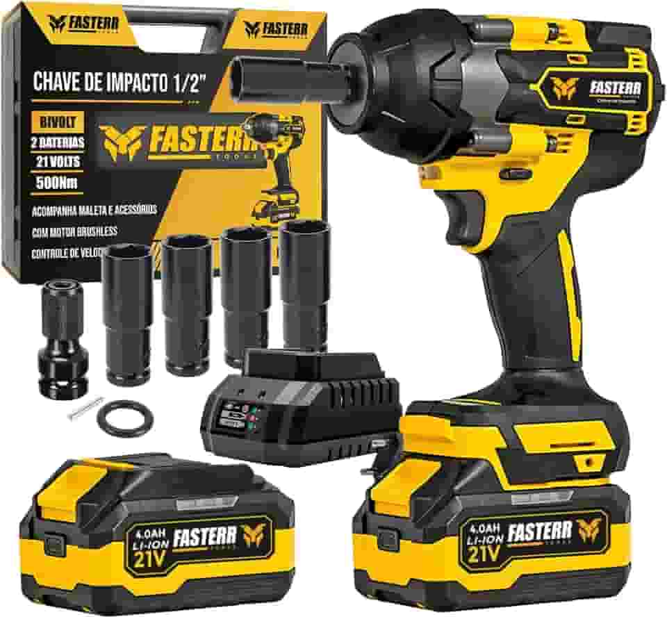 Chave de Impacto Digital 21V 500Nm Brushless Fasterr FST008 com 2 Baterias 4.0Ah + Maleta Profissional