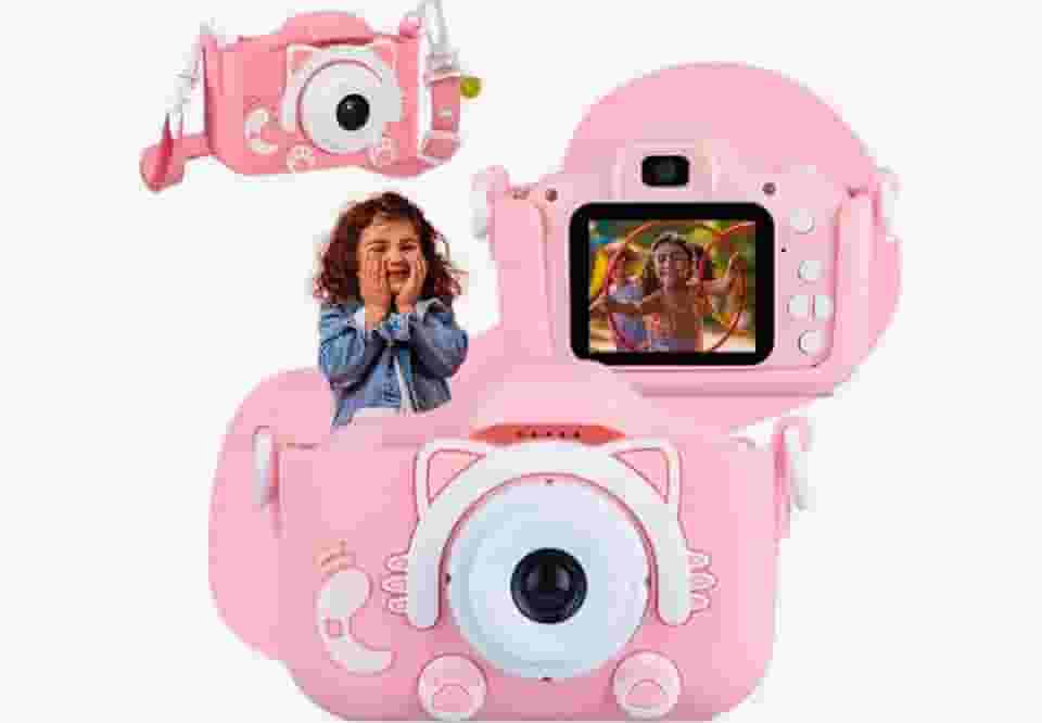 Câmera Infantil HD para Meninos e Meninas – Fotos e Vídeos, Tela LCD 2', Jogos, Filtros e Bateria Recarregável - Rosa