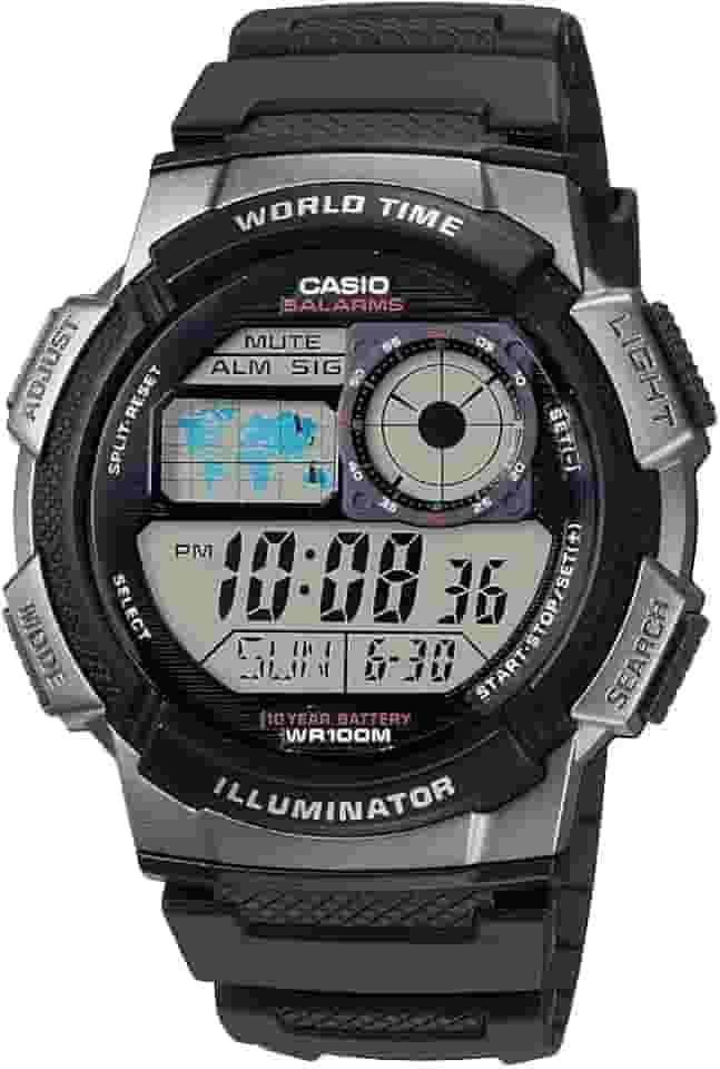 Série AE1000W | Relógio digital masculino | Preto/Preto | 100M WR | Multi Alarmes | Cronômetro de 100 SEC | Temporizador de contagem regressiva | Mapa Mundial | Luz LED | Visor analógico LC |