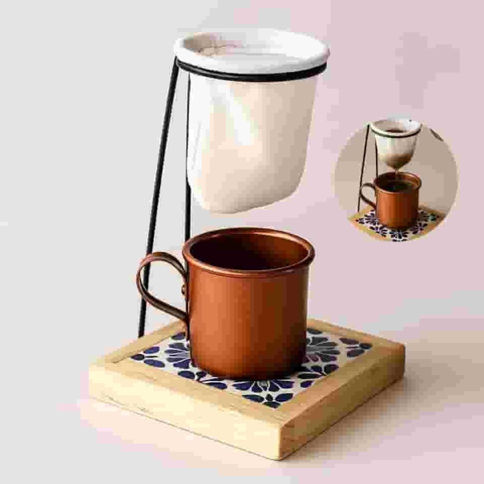 Coador de Café Artesanal com Suporte, Xícara e Filtro – 16,5x10x11cm – Prático, Decorativo e Ideal para Café Coado Manual
