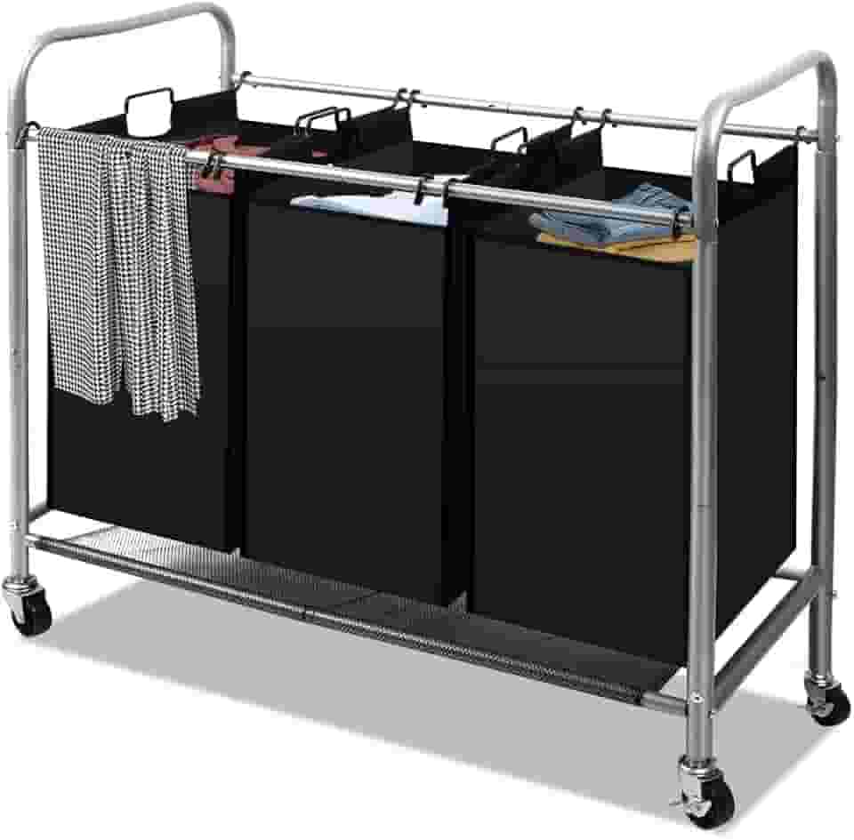 3 Sacos de Cesto de Roupa Suja, Cesto de Roupa Suja com Divisoria, 3 Bag Laundry Hamper Carrinho com Rodas Bloqueáveis de Rolamento Resistente E Sacos Removíveis
