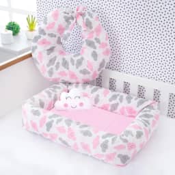 Ninho Redutor de Berço Quadrado com Almofada Nuvem, 70 x 45 cm, Algodão + Almofada para Amamentação, 58 x 55 cm (Nuvem Rosa)