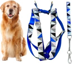 Coleira Peitoral Americano para Cachorro Médio e Grande com Guia Anti Puxão - Pitbull, Golden, Labrador, Rottweiler, Fila, Pastor Alemão, Doberman, Toni Corso (Azul Triângulos)