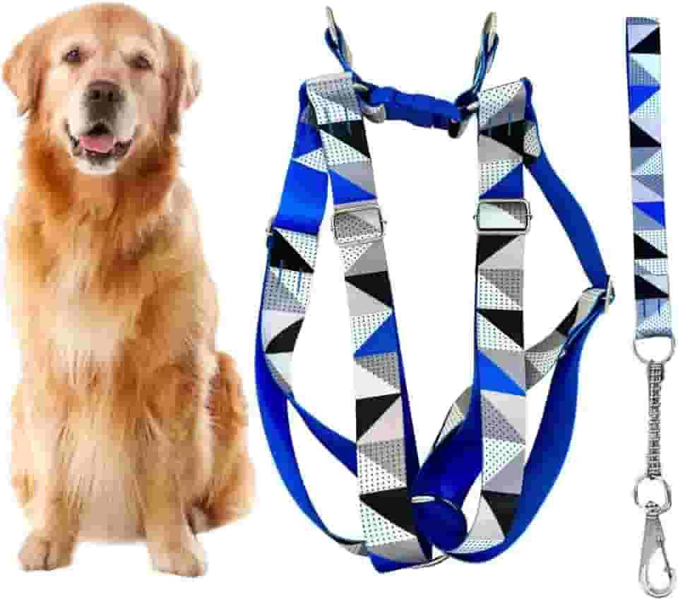 Coleira Peitoral Americano para Cachorro Médio e Grande com Guia Anti Puxão - Pitbull, Golden, Labrador, Rottweiler, Fila, Pastor Alemão, Doberman, Toni Corso (Azul Triângulos)