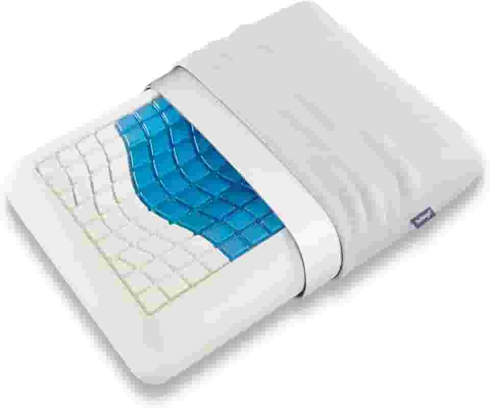 Travesseiro de gel essencial médio – espuma viscoelástica de 11,4 cm com camada de gel refrescante para redução de calor, perfil compacto para pessoas que dormem no estômago e viagens, capa lavável