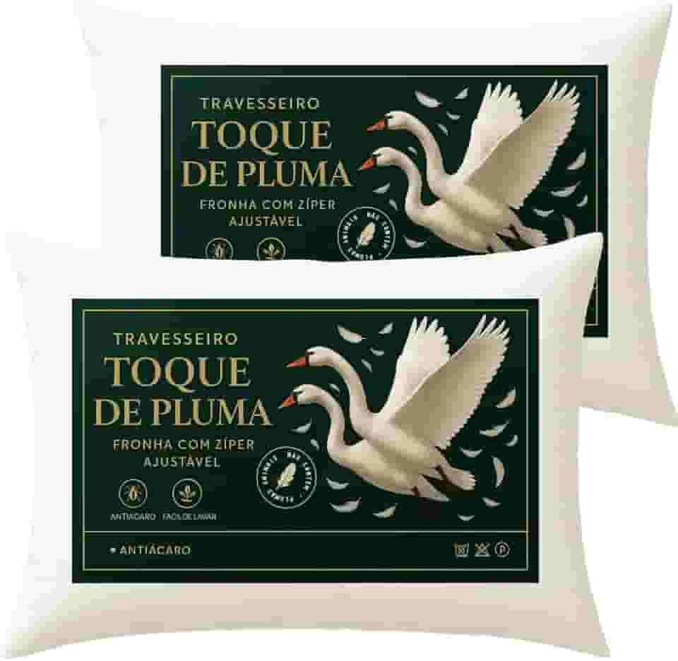 Kit 2 Travesseiro Toque de Pluma, Macio, Antialérgico, Capa com Zíper, Altura Ajustável, Toque de Pluma de Ganso, Modelo Americano