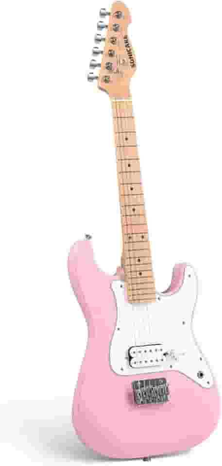 SONICAKE Guitarra elétrica infantil de 76 cm, corpo de madeira maciça leve e júnior com captador Humbucker, pescoço e escala de dedo de madeira, extremidades arredondadas, rosa