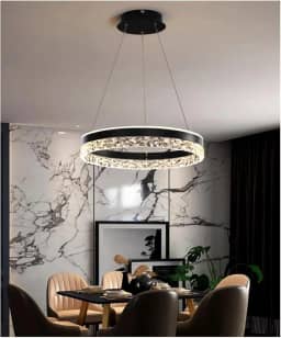 Lustre de Cristal Moderno e Luxuoso 50cm LED Circular com 3 Cores, Ajustável em Altura, Luminária de Teto Redonda 50W Preto para Sala de Jantar e Sala de Estar